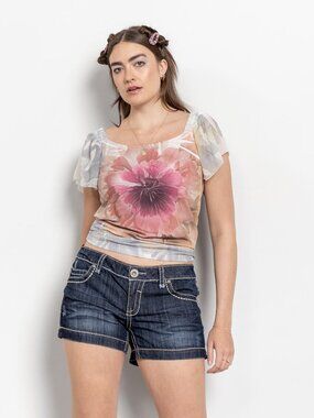 Y2K Low Rise Denim Shorts, Stretchy Embroidered Pockets, Size 11/12